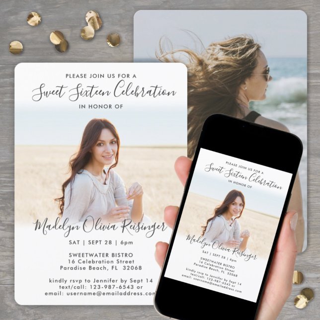 2 Photo Sweet 16 Chic Modern Elegant Script Invitation (Creator Uploaded)