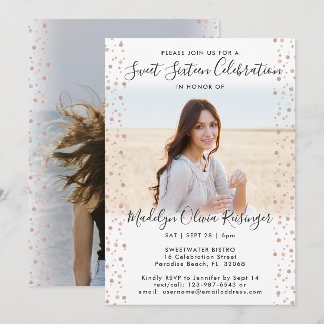 2 Photo Sweet 16 Modern Pink Rose Gold Glitter Invitation (Front/Back)