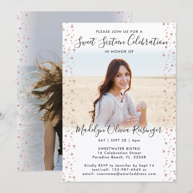 2 Photo Sweet 16 Modern Pink Rose Gold Glitter Invitation (Front/Back)