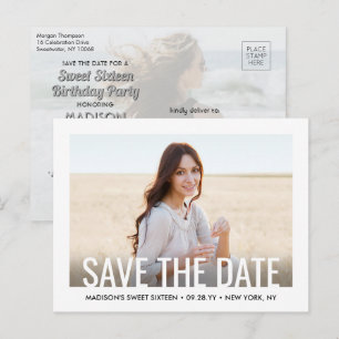 2 Photo Sweet 16th Birthday Modern Save the Date Announcement Postcard