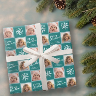 2 Photo - Teal Blue Merry Christmas Snowflakes Wrapping Paper