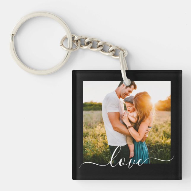 2 Photo Template Double Sided Love Text Black Keychain (Front)