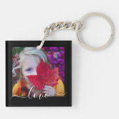 2 Photo Template Double Sided Love Text Black Keychain (Back)