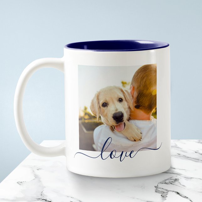 2 Photo Template Double Sided Love Text Deep Blue Two-Tone Coffee Mug (Creator Uploaded)