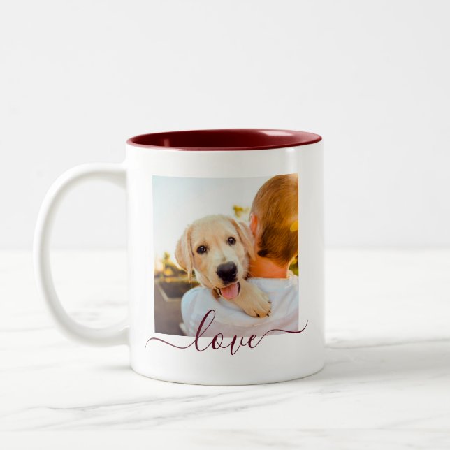 2 Photo Template Double Sided Love Text Maroon Two-Tone Coffee Mug (Left)