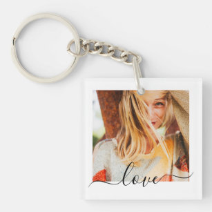2 Photo Template Double Sided Love Text White Keychain