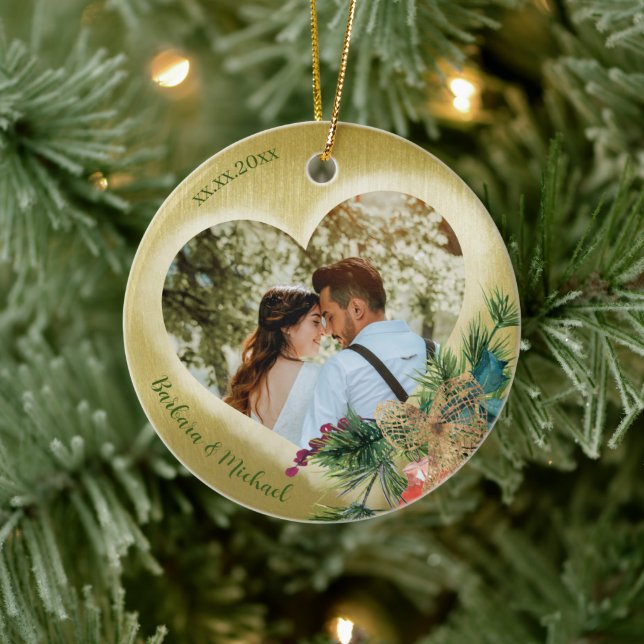 2 Photo Template Gold Personalized   Ceramic Ornament (Tree)