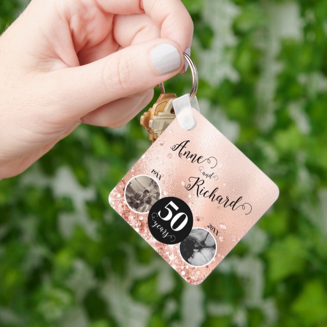 2 Photo Then and Now ANY YEAR Wedding Anniversary Keychain (Hand)