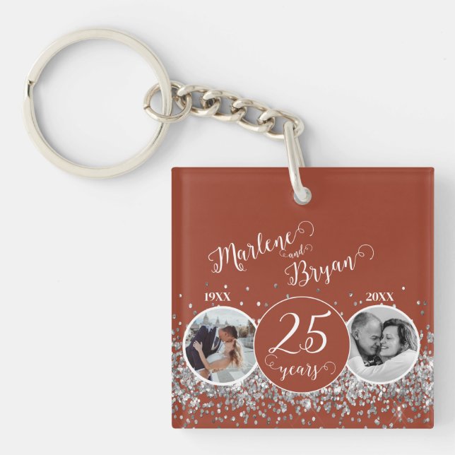 2 Photo "Then and Now" Silver Wedding Anniversary  Keychain (Front)
