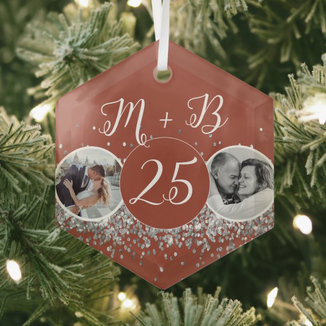 2 Photo Then and Now Wedding Anniversary Glass Ornament (Insitu)