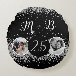 2 Photo Then and Now Wedding Anniversary Round Pillow