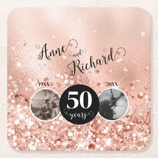 2 Photo "Then and Now" Wedding Anniversary Square Paper Coaster (Front)