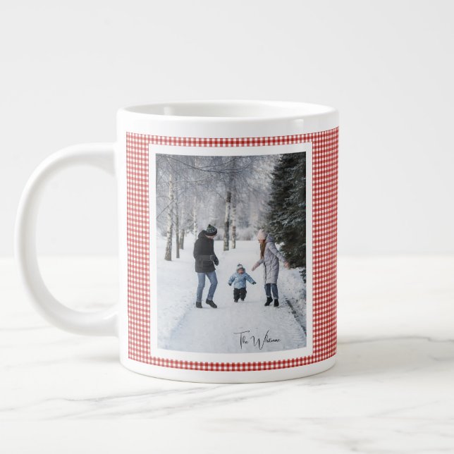 2 Photo Trendy Red Plaid Rustic Christmas Gift Large Coffee Mug (Left)