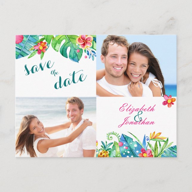 2 Photo Tropical Beach Pink Teal Floral Ombre Announcement Postcard (Front)