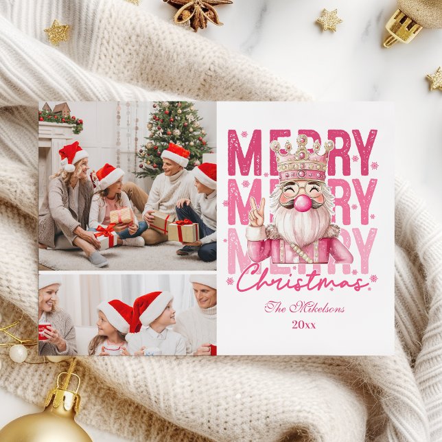 2 Photo Vintage Pink Nutcracker Christmas  Holiday Card (Creator Uploaded)