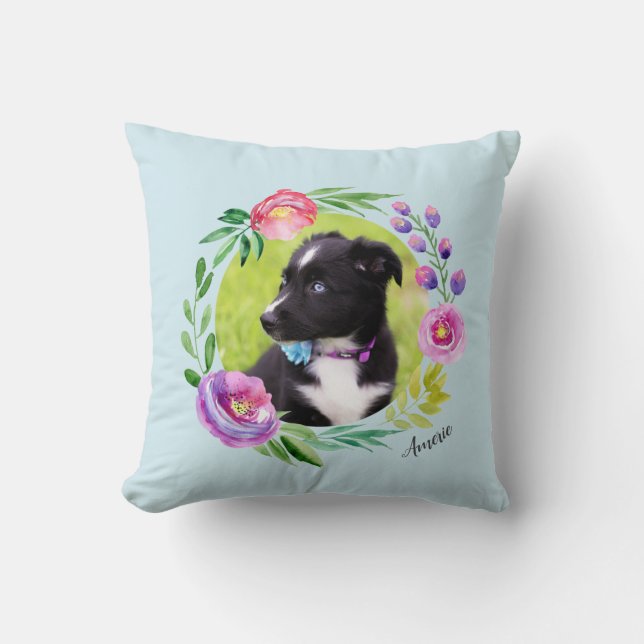 2 Photo Watercolor Floral Wreath Pet | Light Blue Throw Pillow (Front)