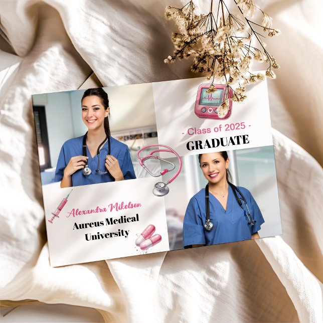 2 Photo Watercolor Pink Nursing School Graduate  Announcement (Creator Uploaded)