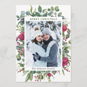 2 PHOTO Watercolor Winter Roses Flowers Christmas Holiday Card