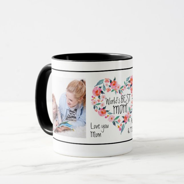 2 Photo World's Best Mom Pink Floral Heart Wreath Mug (Front Left)