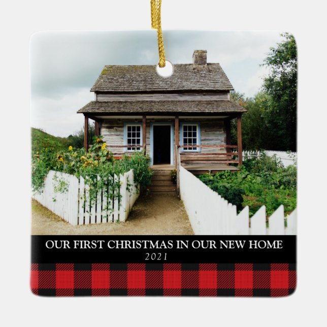 2 PHOTO XMAS NEW HOME BUFFALO PLAID CHRISTMAS  CER CERAMIC ORNAMENT (Front)