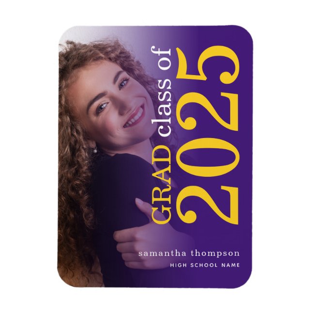 2 photo Yellow Purple 2025 Graduation Announcement Magnet (Vertical)