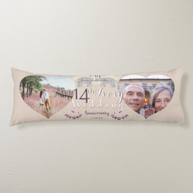 2 Photos14th Ivory Wedding Anniversary Heart Frame Body Pillow (Front)