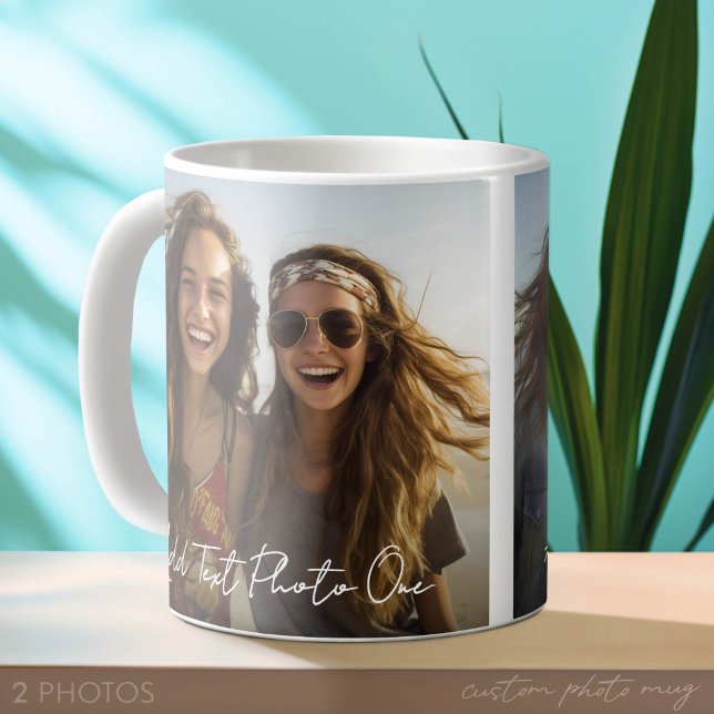 2 Photos and Minimal Script Text Overlay Coffee Mug (Custom Photo Mug with 2 Photos)