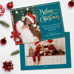 2 photos believe in Christmas magic family Foil Holiday Card<br><div class="desc">Modern holiday greeting card featuring one of your favourite Christmas family portraits on the left complemented by a real gold foil frame and wording that reads "Believe in the magic of Christmas" on the right over an elegant blue background, customizable with your own greeting message. You can upload one more...</div>