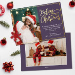 2 photos believe in Christmas magic family Foil Holiday Card<br><div class="desc">Modern holiday greeting card featuring one of your favourite Christmas family portraits on the left complemented by a real gold foil frame and wording that reads "Believe in the magic of Christmas" on the right over an elegant violet background, customizable with your own greeting message. You can upload one more...</div>