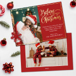 2 photos believe in Christmas magic family red Foil Holiday Card<br><div class="desc">Modern holiday greeting card featuring one of your favourite Christmas family portraits on the left complemented by a real gold foil frame and wording that reads "Believe in the magic of Christmas" on the right over a festive red background, customizable with your own greeting message. You can upload one more...</div>