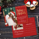 2 photos believe in Christmas magic family red Foil Holiday Postcard<br><div class="desc">Modern holiday greeting postcard featuring one of your favourite Christmas family portraits on the left complemented by a real gold foil frame and wording that reads "Believe in the magic of Christmas" on the right over a festive red background, customizable with your own greeting message. The back of the postcard...</div>