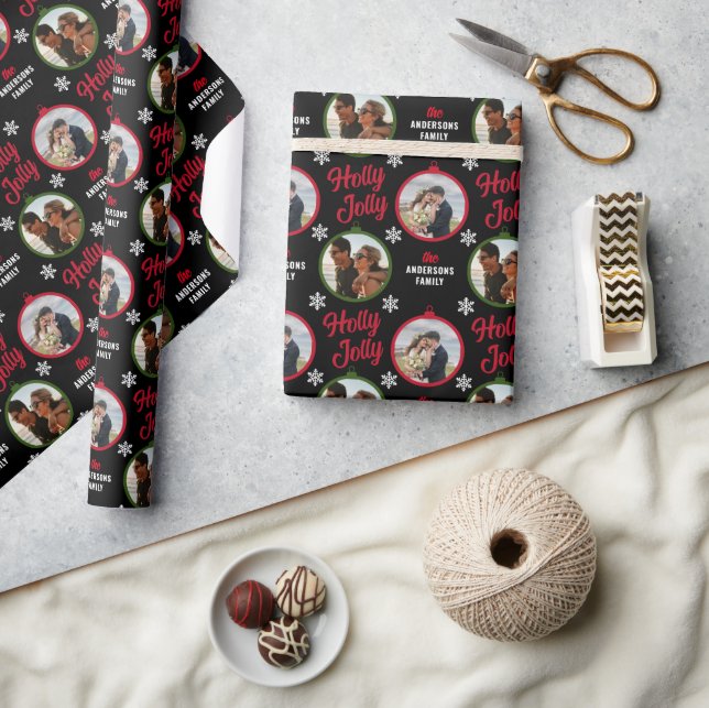 2 Photos Couple Holly Jolly Christmas Ornament  Wrapping Paper (Crafts)