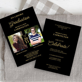 2 Photos Double Twins Graduation Fake Golden Black Invitation