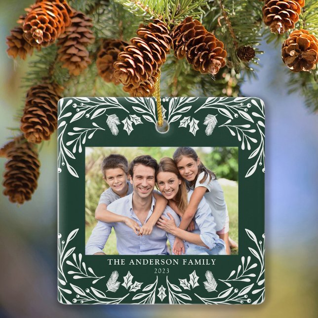 2 Photos Family Winter Greenery Christmas Ceramic Ornament (Creator Uploaded)