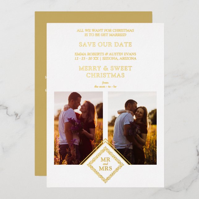 2 Photos Fancy MR & MRS Christmas Wedding Foil Holiday Card (Front/Back)