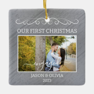2 Photos First Christmas Engaged Rustic Wood Grain Ceramic Ornament