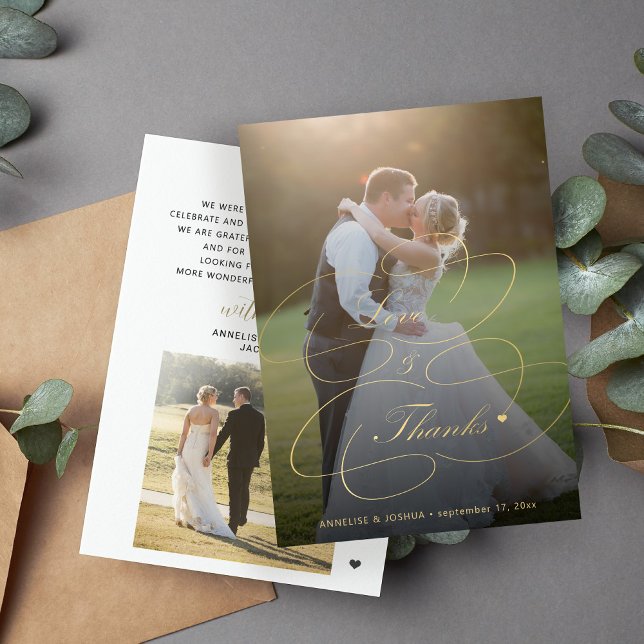 2 photos gold calligraphy love and thanks wedding thank you card (Creator Uploaded)