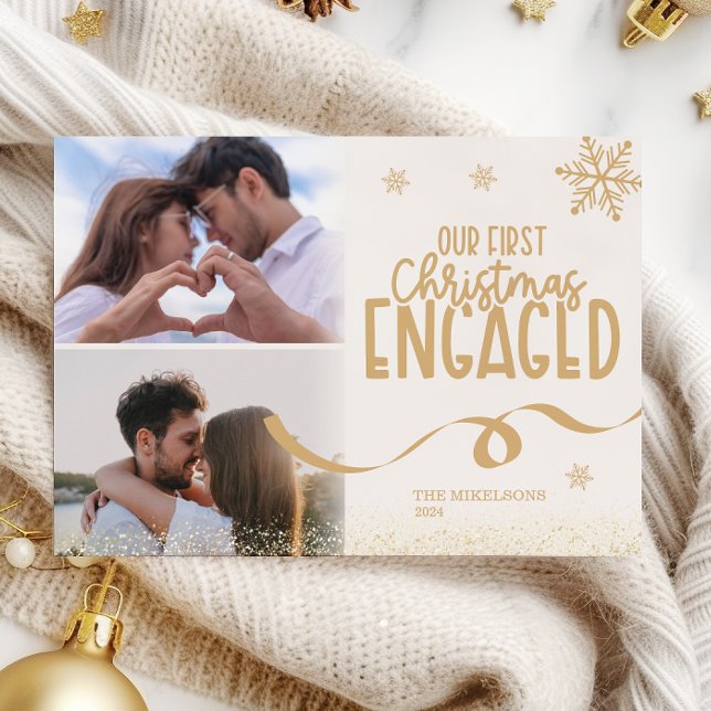 2 photos Gold Glitter First Christmas Engaged Holiday Card (Creator Uploaded)