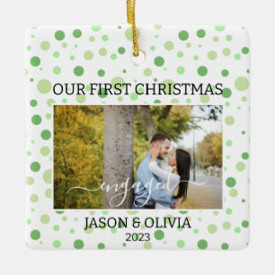 2 Photos Green Polka Dot First Christmas Engaged  Ceramic Ornament