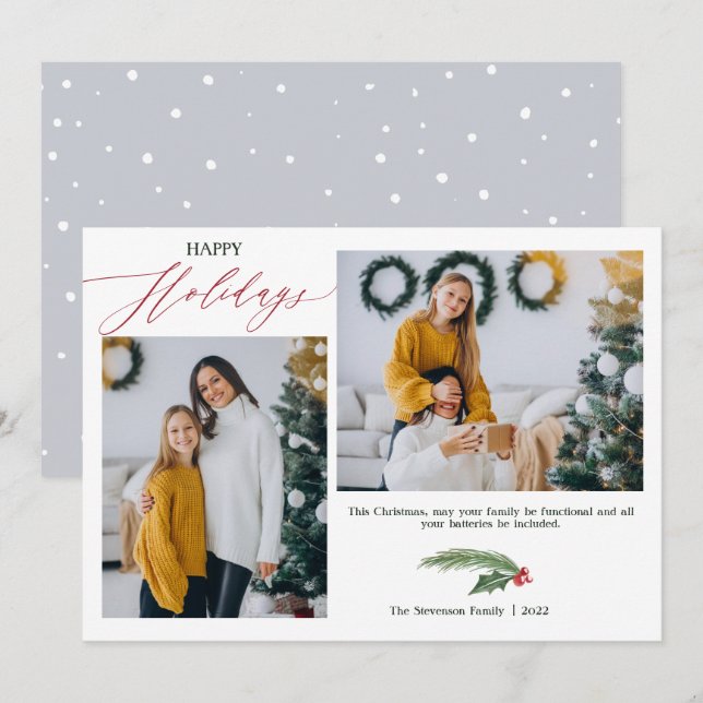 2 photos grey green watercolor Happy Holiday Card (Front/Back)