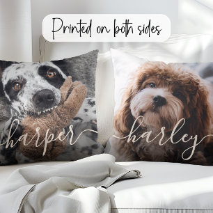 2 Photos & Handwritten Script Names Throw Pillow