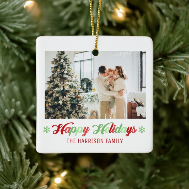 2 Photos Happy Holidays Family Christmas Colour  Ceramic Ornament (Tree)