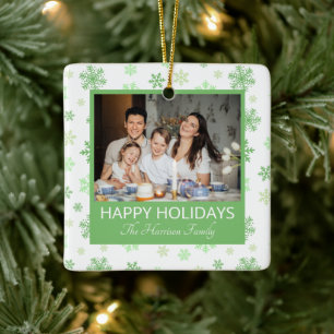 2 Photos Happy Holidays Family Green Snowflake Ceramic Ornament