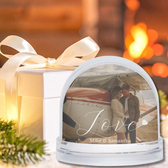 2 Photos Love Heart Name Simple Modern Script Snowglobe (Creator Uploaded)