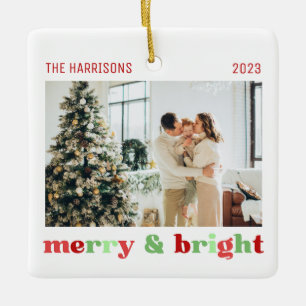 2 Photos Merry & Bright Family Christmas Color  Ceramic Ornament