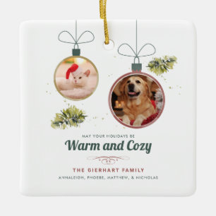 2 Photos Modern Pets Christmas Holiday Custom Ceramic Ornament