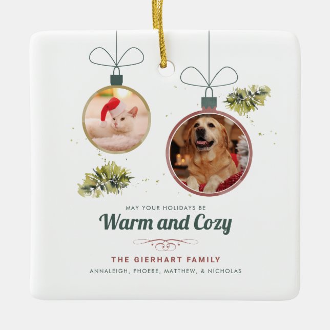 2 Photos Modern Pets Christmas Holiday Custom Ceramic Ornament (Front)
