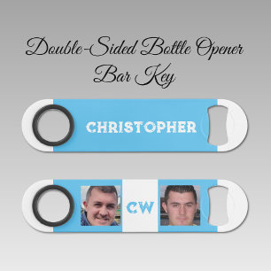 2 photos name initials white light blue bar key