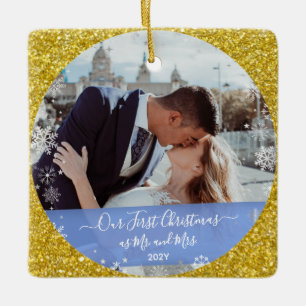 2 Photos Our First Christmas Mr Mrs Gold Glitter Ceramic Ornament