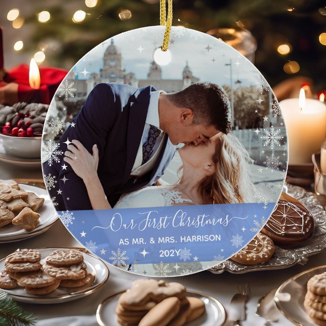 2 Photos Our First Christmas Mr Mrs Snow Elegant Ceramic Ornament (Our First Christmas as Mr. & Mrs. Elegant Modern Calligraphy Personalized Names 2 Photos Snowflakes)